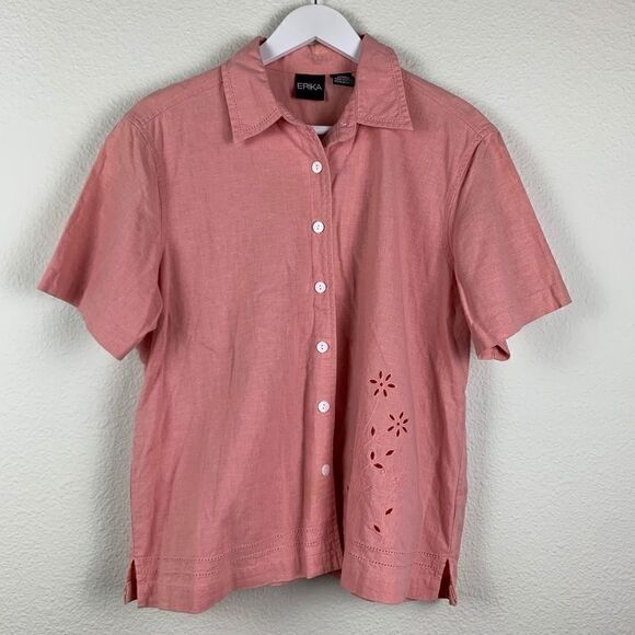 Vintage Erika Women’s Pink Lightweight Floral Button Down Linen Top Sz L - Picture 4 of 10